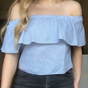 Blue and white striped off the shoulder top